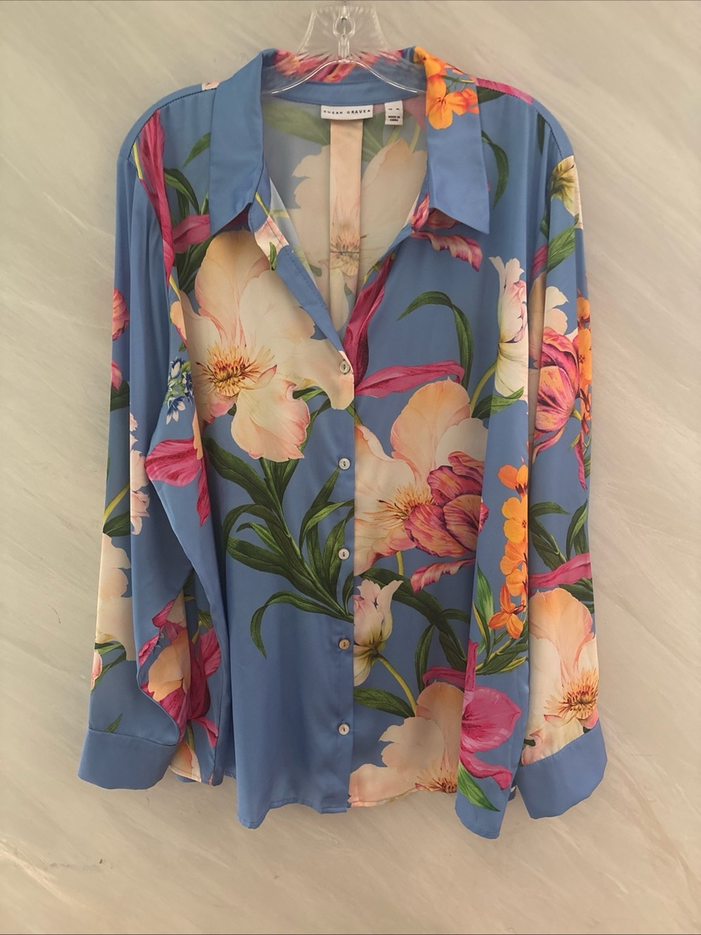 Susan Graver XL Blue Floral Oversized Charmeuse Button Front Long Sleeve Blouse
